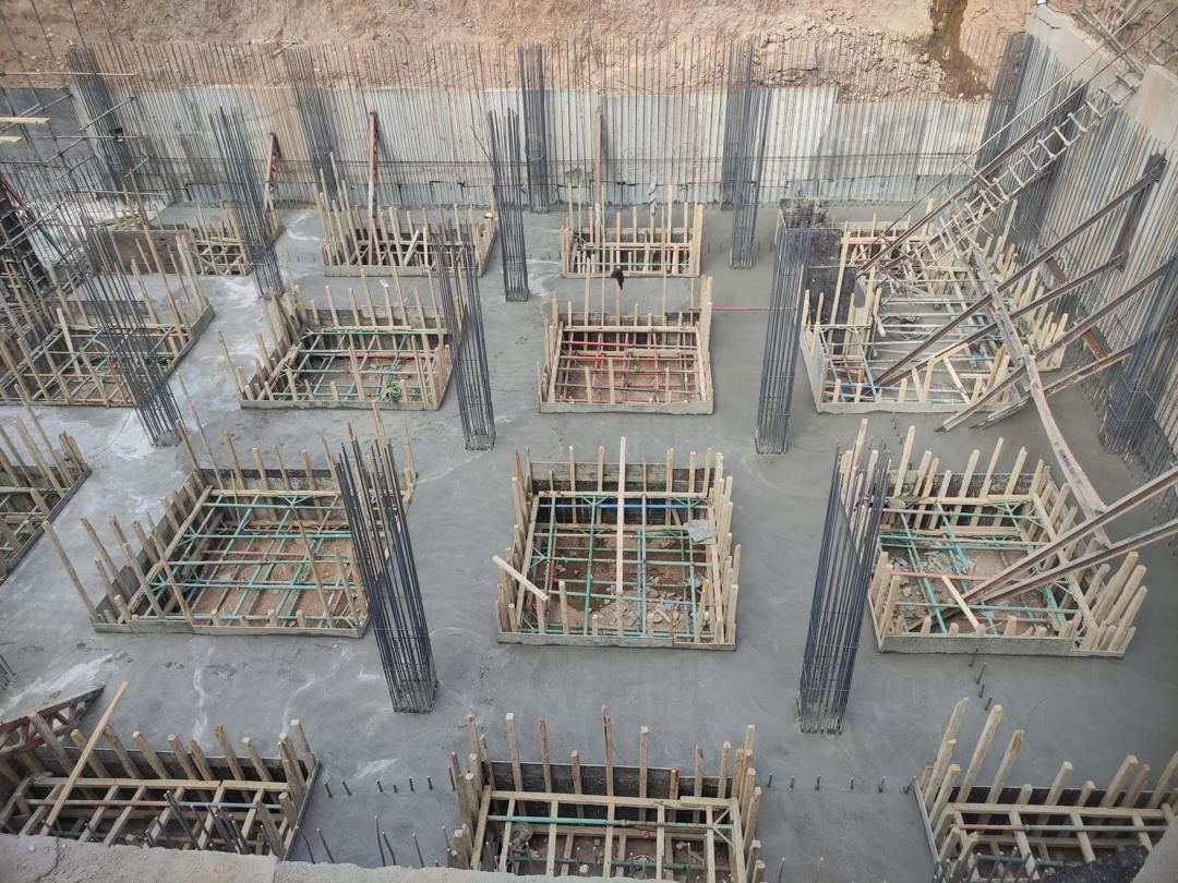 Overhead view of reinforcement and formwork on the concrete foundation — Central Asia